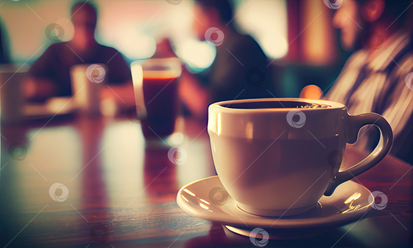 Скачать Чашка горячего кофе на столе в кафе с людьми, небольшая глубина резкости, генеративный искусственный интеллект фотосток Ozero