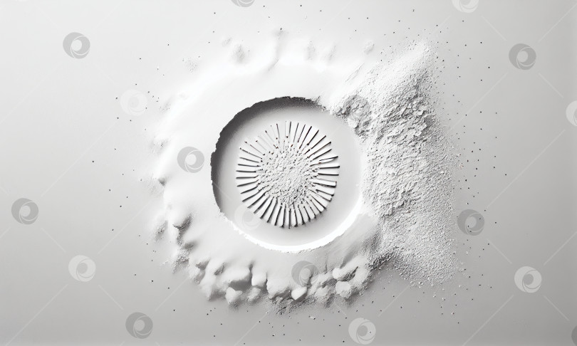 Скачать Текстура белого порошка с круглым ударным кратером, плоская укладка в стиле минимализма, генеративный искусственный интеллект фотосток Ozero