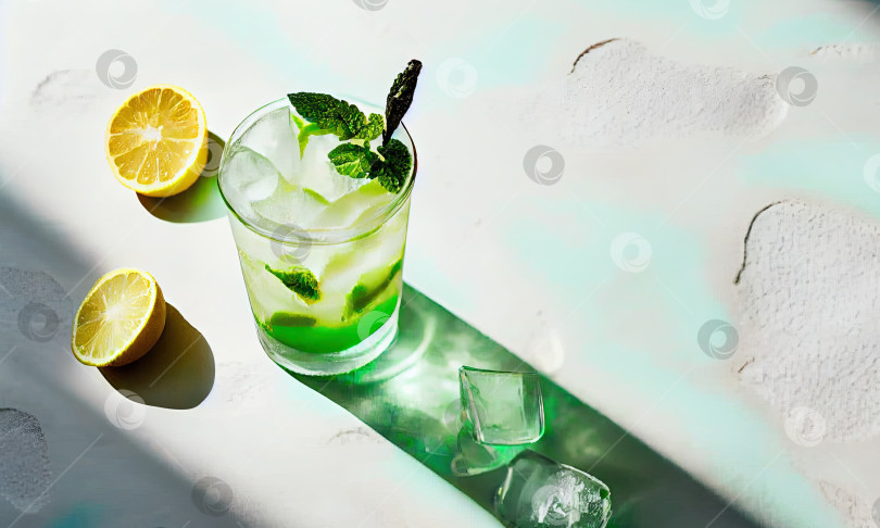 Скачать Порция тропического игристого коктейля с мятным лимонадом, генеративный искусственный интеллект фотосток Ozero