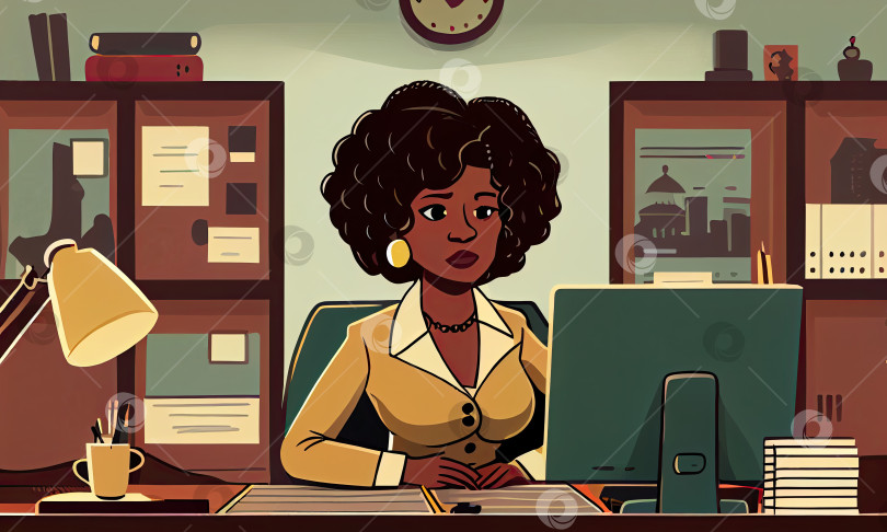 Скачать Привлекательная африканская уверенная в себе деловая женщина, сидящая за офисным столом, генерирующая искусственный интеллект фотосток Ozero
