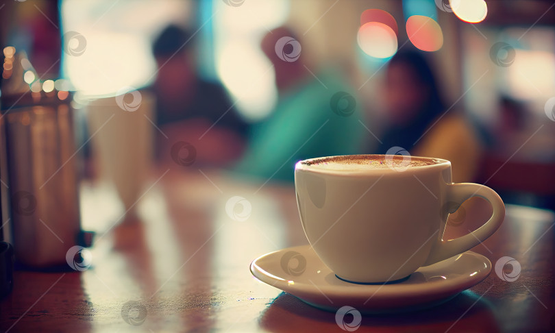 Скачать Чашка горячего кофе на столе в кафе с людьми, небольшая глубина резкости, генеративный искусственный интеллект фотосток Ozero