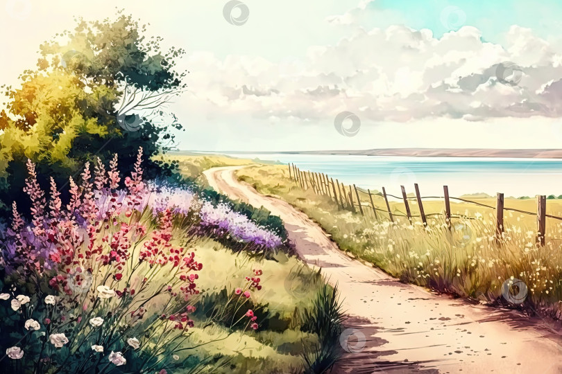 Скачать Акварельная иллюстрация летнего пейзажа, деревья, озеро и цветы. Созданный искусственным интеллектом фотосток Ozero