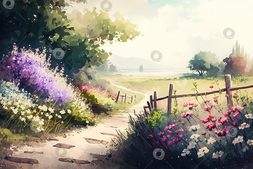 Скачать Акварельная иллюстрация летнего пейзажа, деревья, луг и цветы. Созданный искусственным интеллектом фотосток Ozero