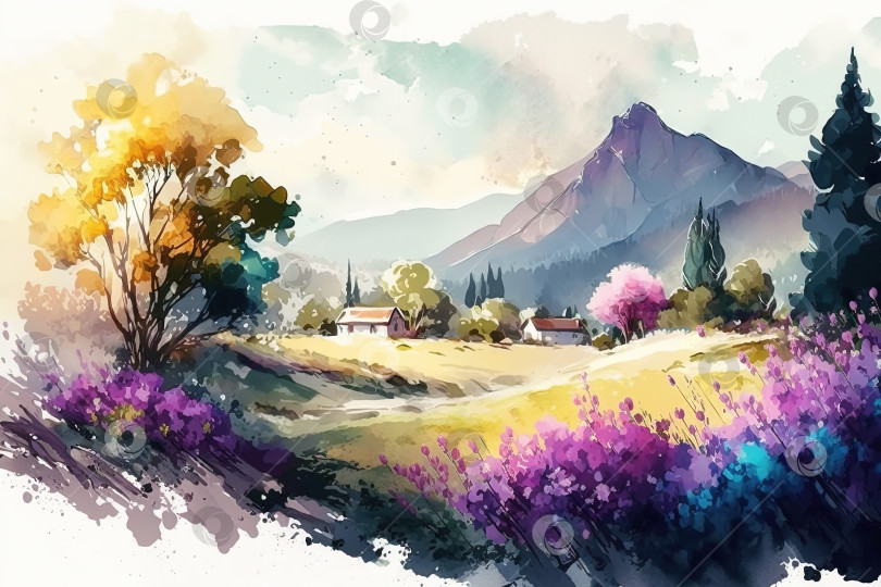 Скачать Акварельная иллюстрация летнего пейзажа, деревья, горы и цветы. Созданный искусственным интеллектом
 фотосток Ozero