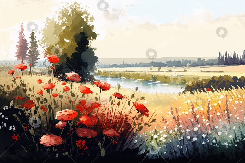 Скачать Акварельная иллюстрация летнего пейзажа, деревья, озеро и цветы. Созданный искусственным интеллектом фотосток Ozero