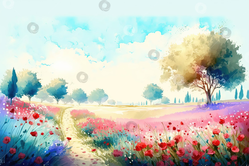 Скачать Акварельная иллюстрация летнего пейзажа, деревья, луг и цветы. Созданный искусственным интеллектом фотосток Ozero