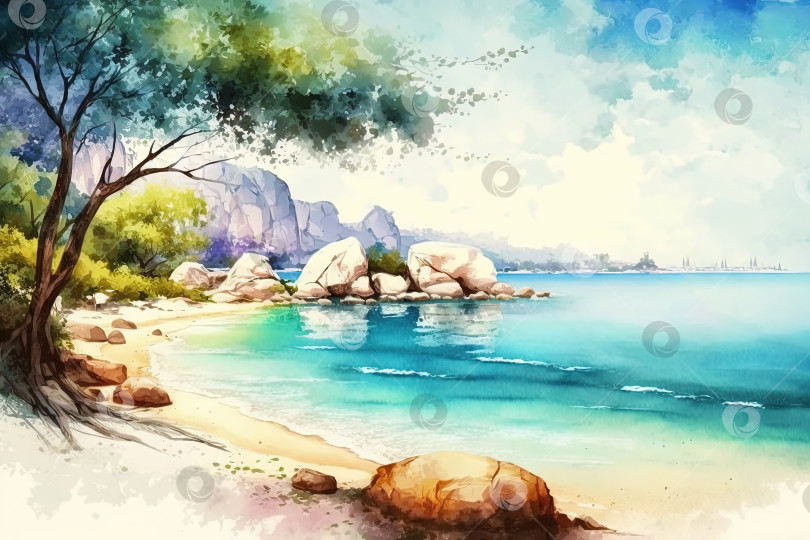Скачать Акварельная иллюстрация летнего морского пейзажа. Морской пейзаж с горами. Созданный искусственным интеллектом
 фотосток Ozero