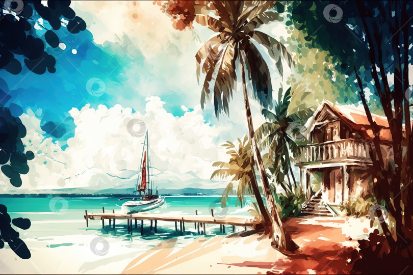 Скачать Акварельная картина с тропическим морским пейзажем. Иллюстрация летнего пляжа. Созданный искусственным интеллектом фотосток Ozero