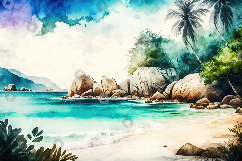 Скачать Акварельная картина с тропическим морским пейзажем. Иллюстрация летнего пляжа. Созданный искусственным интеллектом фотосток Ozero