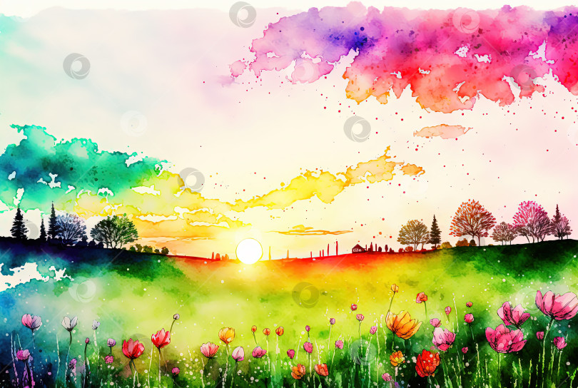 Скачать Акварельная картина "Весенний пейзаж на закате". Деревья, цветение, меадо фотосток Ozero