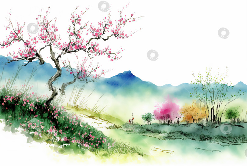 Скачать Акварельная весенняя пейзажная живопись. Цветущие деревья, цвети, я фотосток Ozero