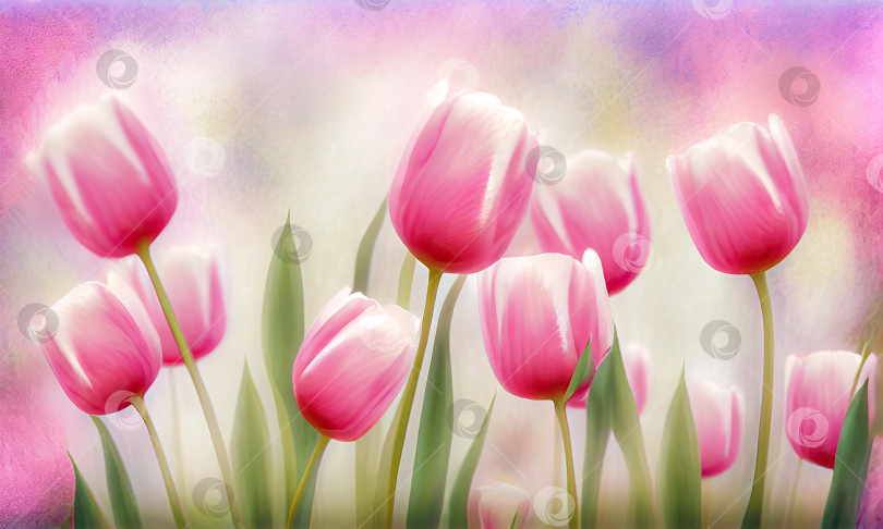 Скачать Картина с изображением тюльпанов с розовыми цветами на заднем плане, генеративный искусственный интеллект фотосток Ozero