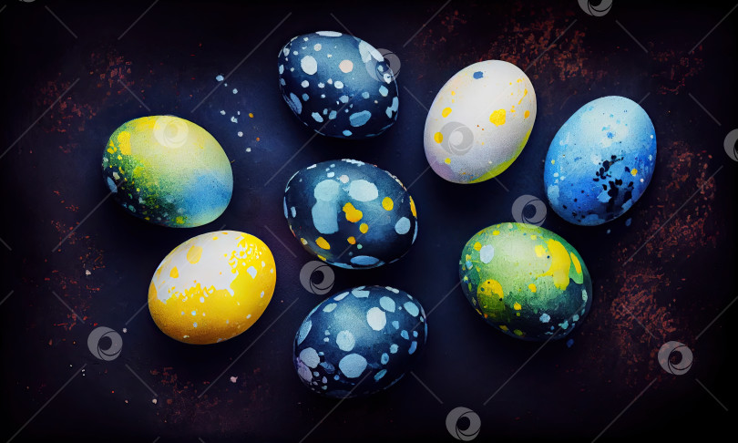Скачать Группа пасхальных яиц с синими, желтыми и белыми точками на темном фоне, генеративный ИИ фотосток Ozero