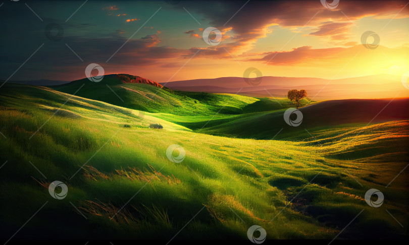 Скачать Картина, изображающая зеленое поле с закатом на заднем плане, генеративный искусственный интеллект фотосток Ozero