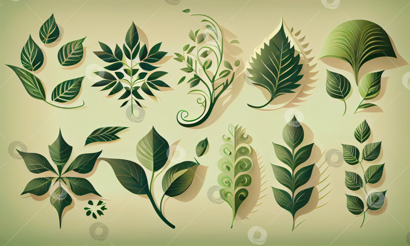 Скачать Набор различных листьев и цветов на зеленом фоне, генеративный ИИ фотосток Ozero
