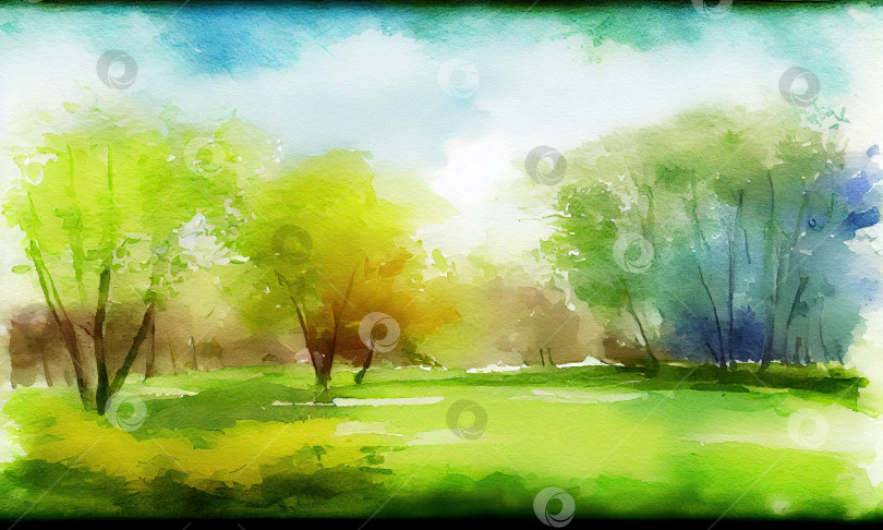 Скачать Картина, изображающая зеленое поле с деревьями и голубым небом, генеративный искусственный интеллект фотосток Ozero