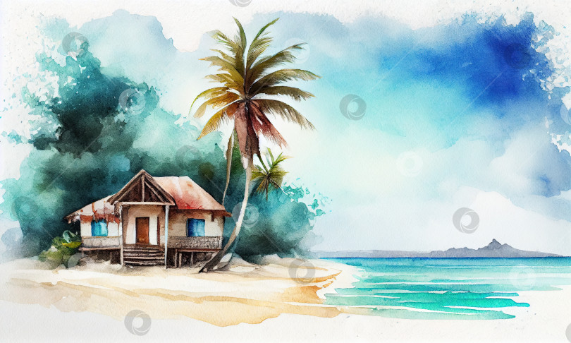 Скачать Картина с изображением дома на пляже, генеративный искусственный интеллект фотосток Ozero