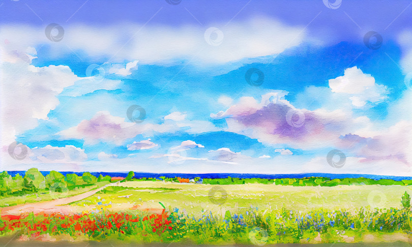 Скачать Картина, изображающая поле с голубым небом и полем цветов, генеративный искусственный интеллект фотосток Ozero