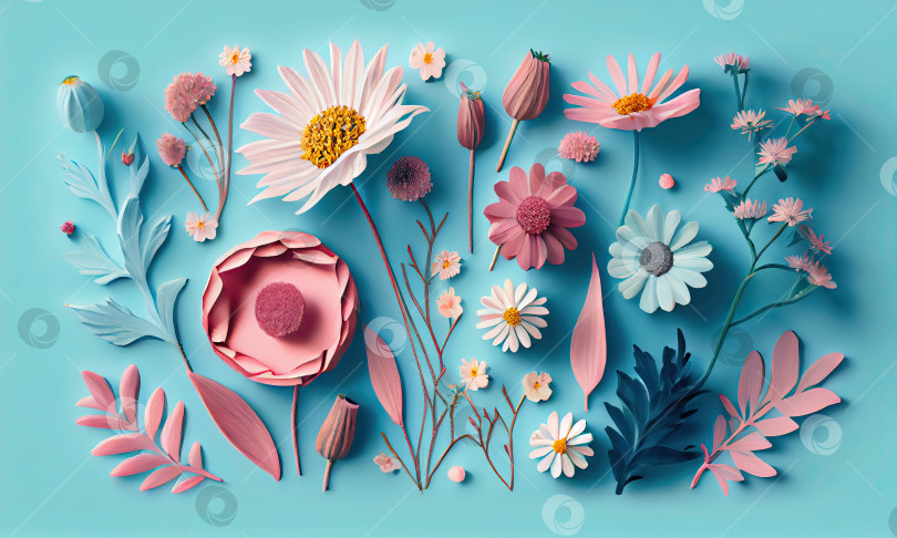 Скачать Бумажные цветы и цветочницы на синем фоне, генеративный ИИ фотосток Ozero