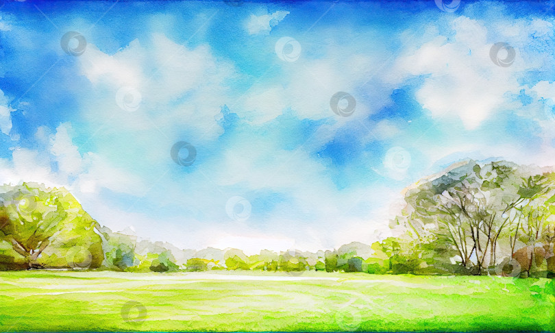 Скачать Картина с изображением зеленого поля с голубым небом и деревьями на заднем плане, генеративный искусственный интеллект фотосток Ozero