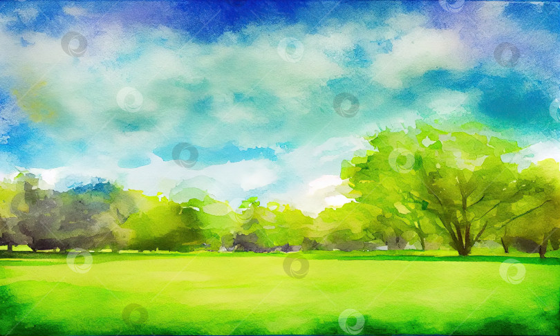 Скачать Акварельная картина, изображающая зеленое поле с деревьями на заднем плане, генеративный искусственный интеллект фотосток Ozero