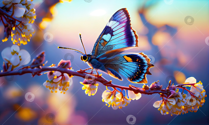 Скачать Бабочка на ветке с цветами на заднем плане, генеративный ИИ фотосток Ozero