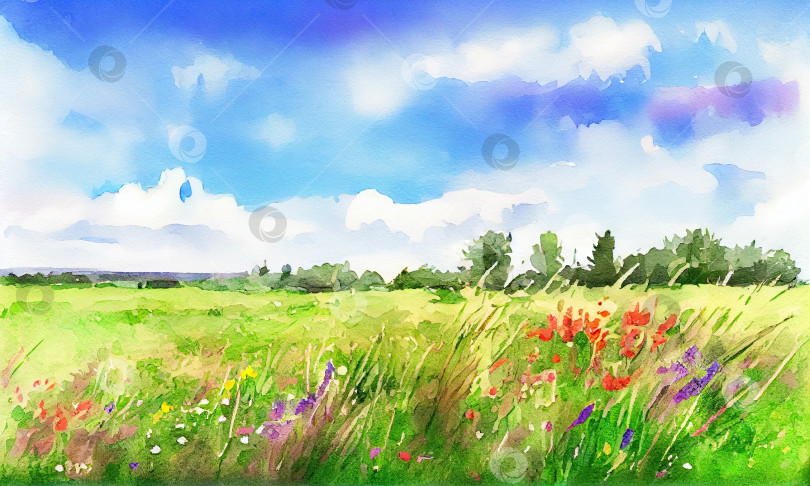 Скачать Картина, изображающая цветочное поле с голубым небом на заднем плане, генеративный искусственный интеллект фотосток Ozero