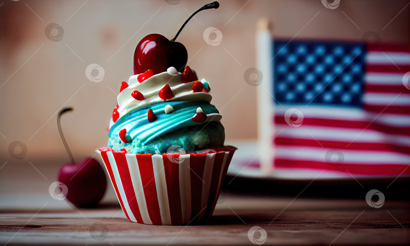 Скачать Праздничный День американского флага, кекс с вишней и американским флагом, генеративный искусственный интеллект фотосток Ozero