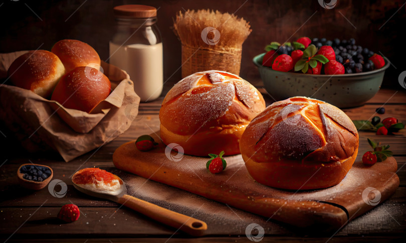 Скачать Стол с хлебом и миской клубники на нем, генеративный ИИ фотосток Ozero