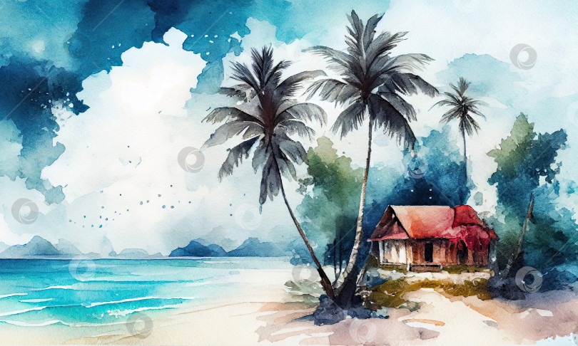 Скачать Акварельная картина, изображающая пляж с пальмами и домом на берегу, генеративный искусственный интеллект фотосток Ozero