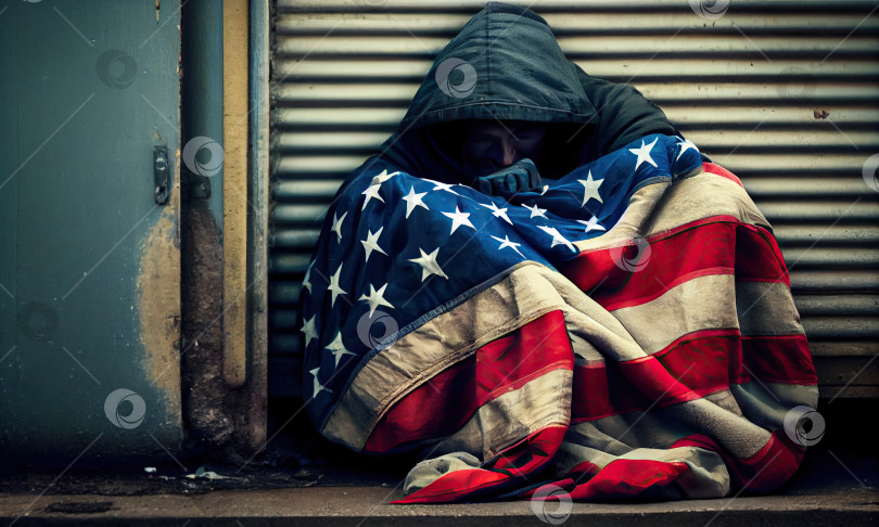 Скачать Бездомный мужчина спит на тротуаре в США, прячась за американским флагом, фон улицы, генеративный искусственный интеллект фотосток Ozero