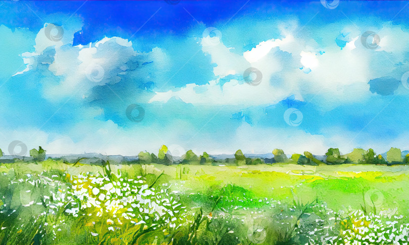 Скачать Картина, изображающая поле с облаками и голубым небом, генеративный искусственный интеллект фотосток Ozero