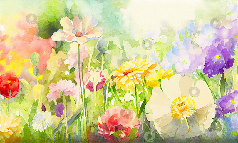Скачать Картина с изображением цветов в саду на красочном фоне, генеративный искусственный интеллект фотосток Ozero