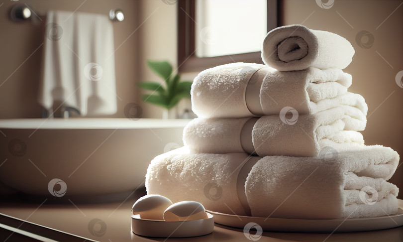Скачать Стопка полотенец на ванне, концепция спа, генеративный искусственный интеллект фотосток Ozero