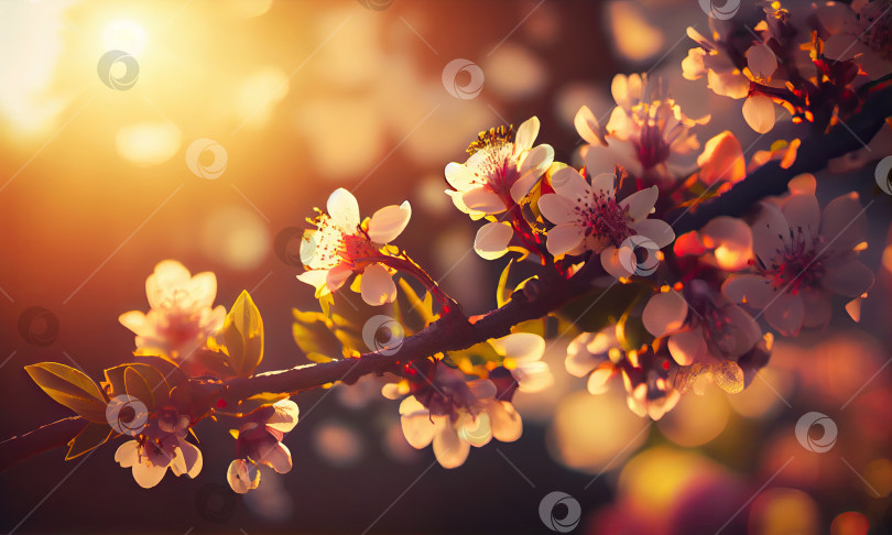 Скачать Ветка цветущей вишни, на которой сияет солнце, порождающий ИИ фотосток Ozero