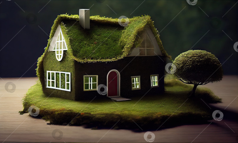 Скачать Дом с зеленой крышей и деревом на заднем плане, генеративный искусственный интеллект фотосток Ozero