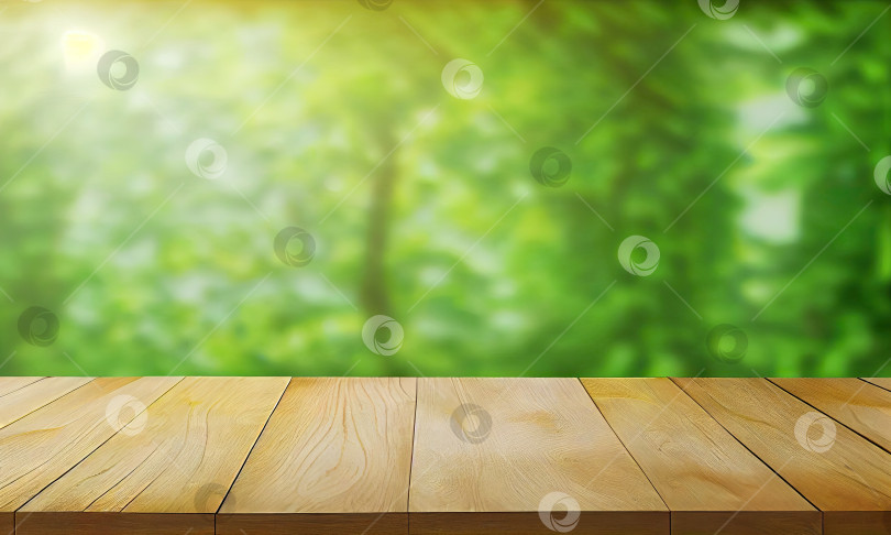 Скачать Деревянный стол на фоне зеленых листьев, генеративный ИИ фотосток Ozero