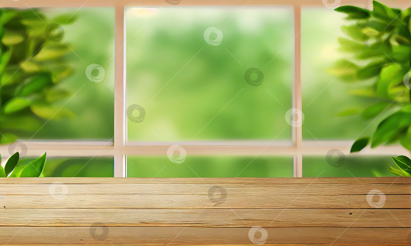 Скачать Деревянный стол перед окном на зеленом фоне, генеративный ИИ фотосток Ozero