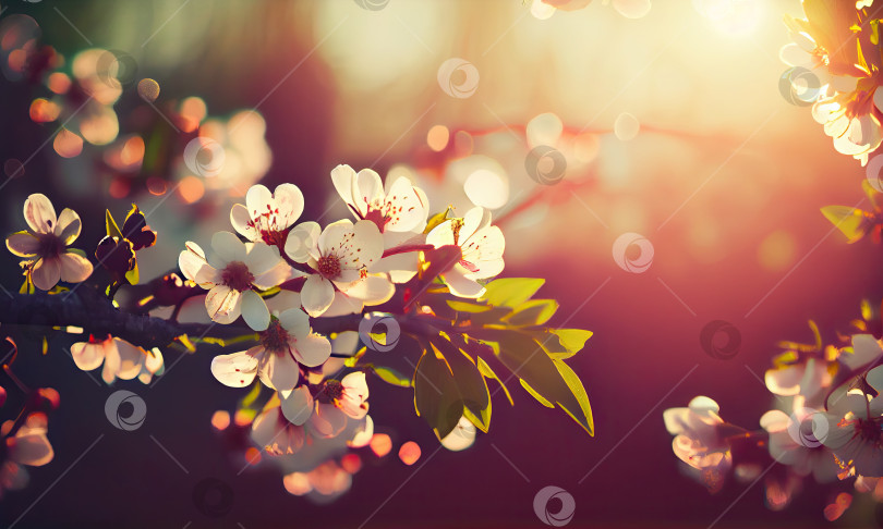 Скачать Ветка цветущей вишни с солнцем, просвечивающим сквозь листья, порождающий ИИ фотосток Ozero