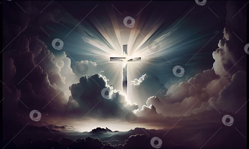 Скачать Воскрешение, Легкая форма Креста в облаках, генеративный искусственный интеллект фотосток Ozero