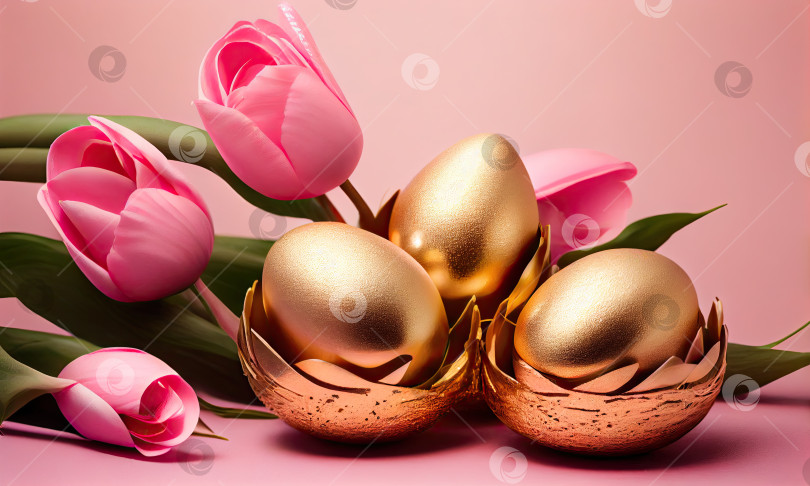 Скачать Пасхальные яйца на розовом фоне с розовыми цветами, Счастливой Пасхи, генеративный искусственный интеллект фотосток Ozero