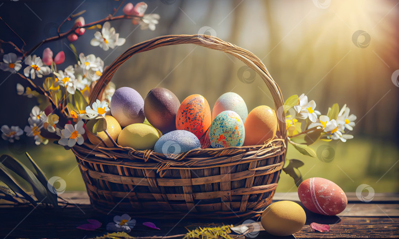 Скачать Пасхальные яйца в корзине на деревянном столе в весеннем саду с солнечным светом, генеративный ИИ фотосток Ozero
