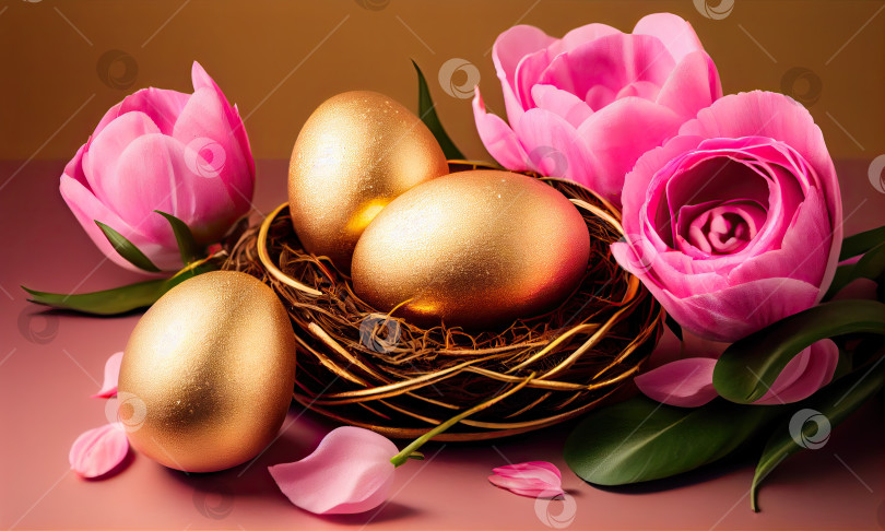 Скачать Пасхальные яйца с розовыми тюльпанами и розовый тюльпан, Счастливой Пасхи, генеративный искусственный интеллект фотосток Ozero