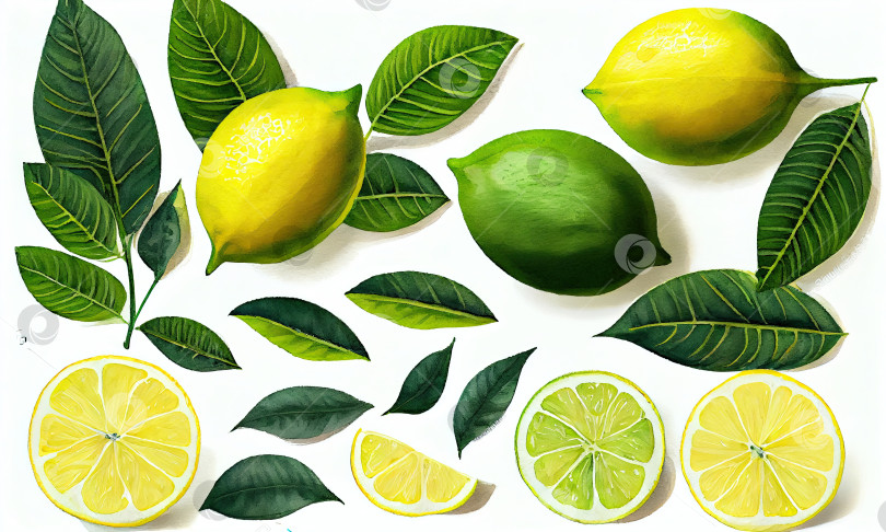 Скачать Спелые цельные зеленые лимоны с листьями и кусочками желтого цвета, выделенные на белом фоне, генеративный ИИ фотосток Ozero