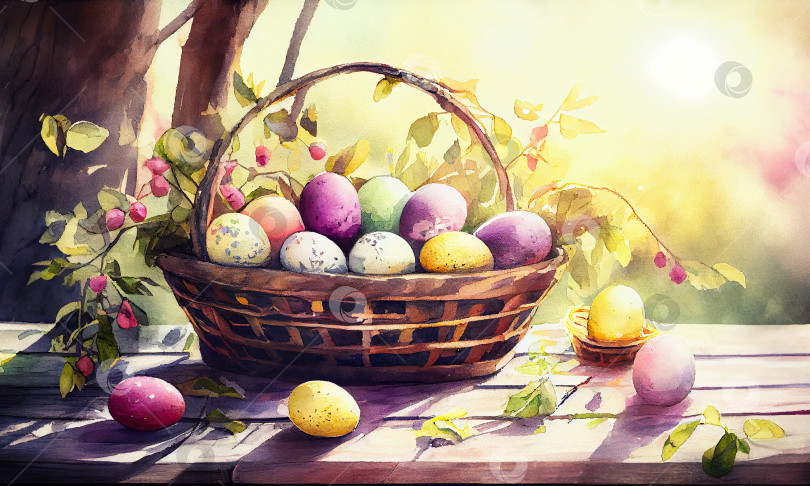 Скачать Пасхальные яйца в корзине на деревянном столе в весеннем саду с солнечным светом, генеративный ИИ фотосток Ozero