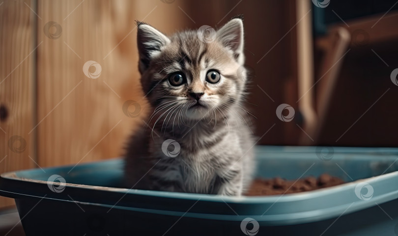 Скачать Котенок сидит в ящике для мусора. Шотландский котенок писает в свой ящик для мусора, генеративный ИИ фотосток Ozero