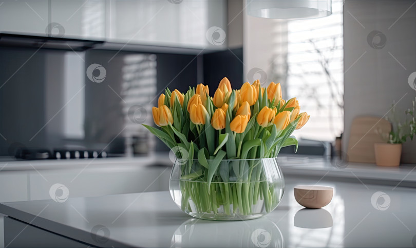 Скачать Букет тюльпанов на светлой современной кухне, генеративный искусственный интеллект фотосток Ozero