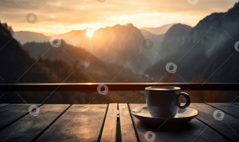 Скачать Чашка с горячим кофе на деревянном столе на фоне восхода солнца и гор, генеративный ИИ фотосток Ozero