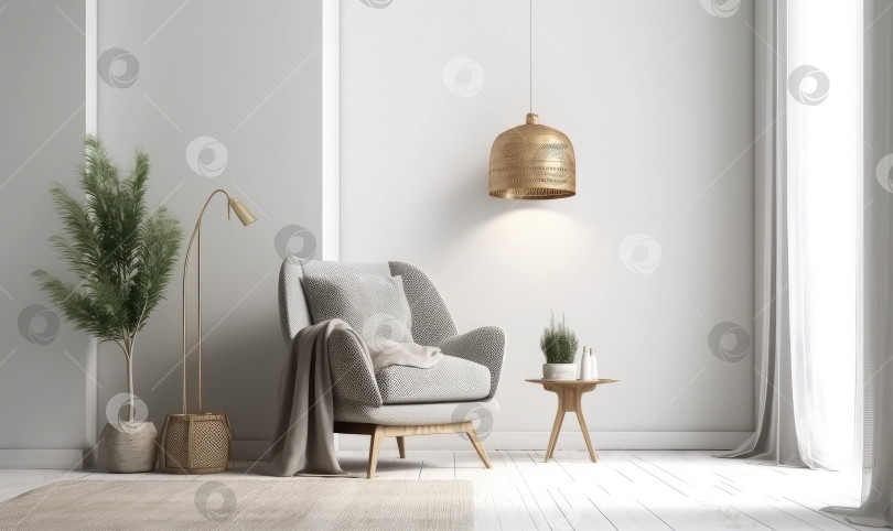 Скачать Гостиная в скандинавском стиле с креслом из серой ткани, золотистой лампой и растениями на фоне пустой белой стены, 3d-рендеринг, генеративный искусственный интеллект фотосток Ozero