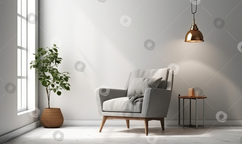 Скачать Гостиная в скандинавском стиле с креслом из серой ткани, золотистой лампой и растениями на фоне пустой белой стены, 3d-рендеринг, генеративный искусственный интеллект фотосток Ozero